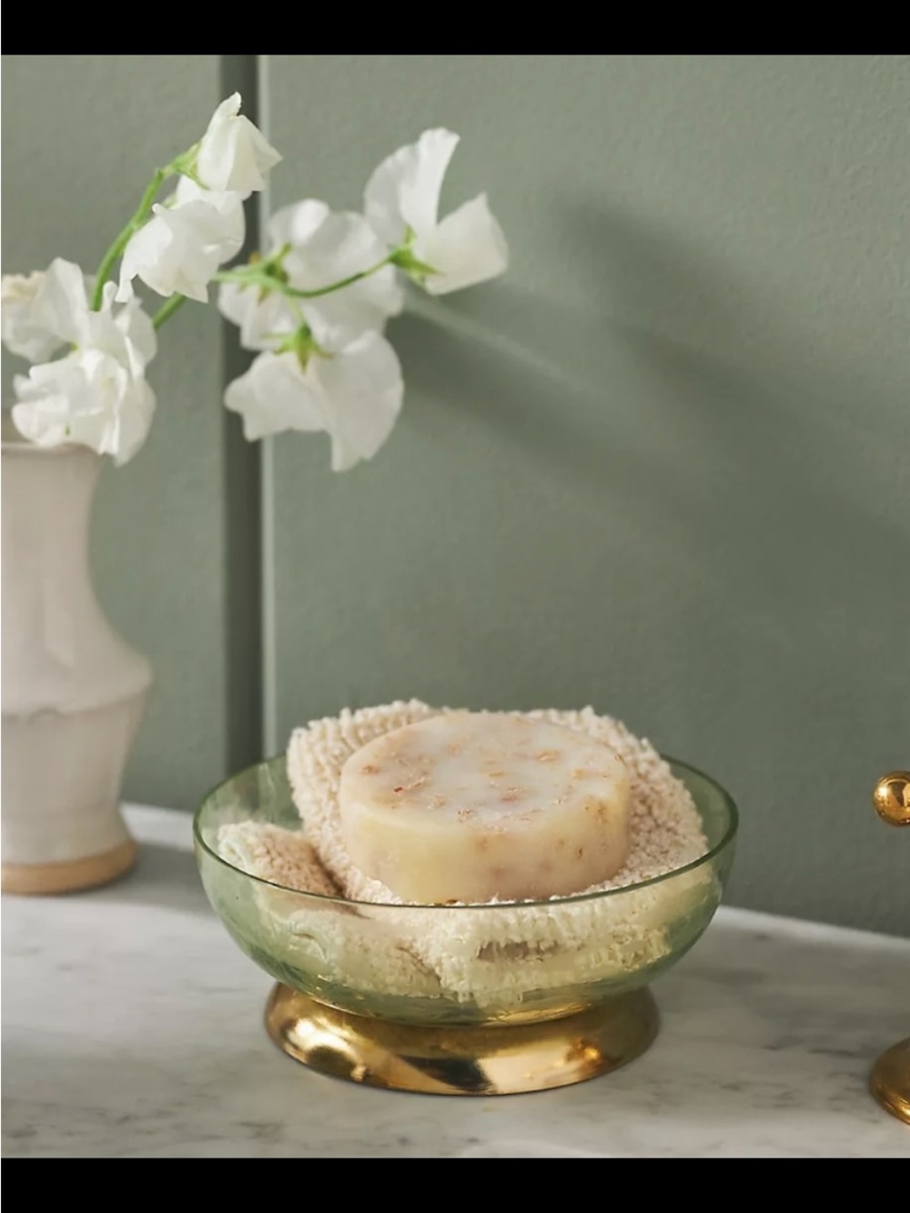 Anthropologie Floral Etched Glass 5 Piece Bath Accessories with Gold Trim. - Picture 4 of 6